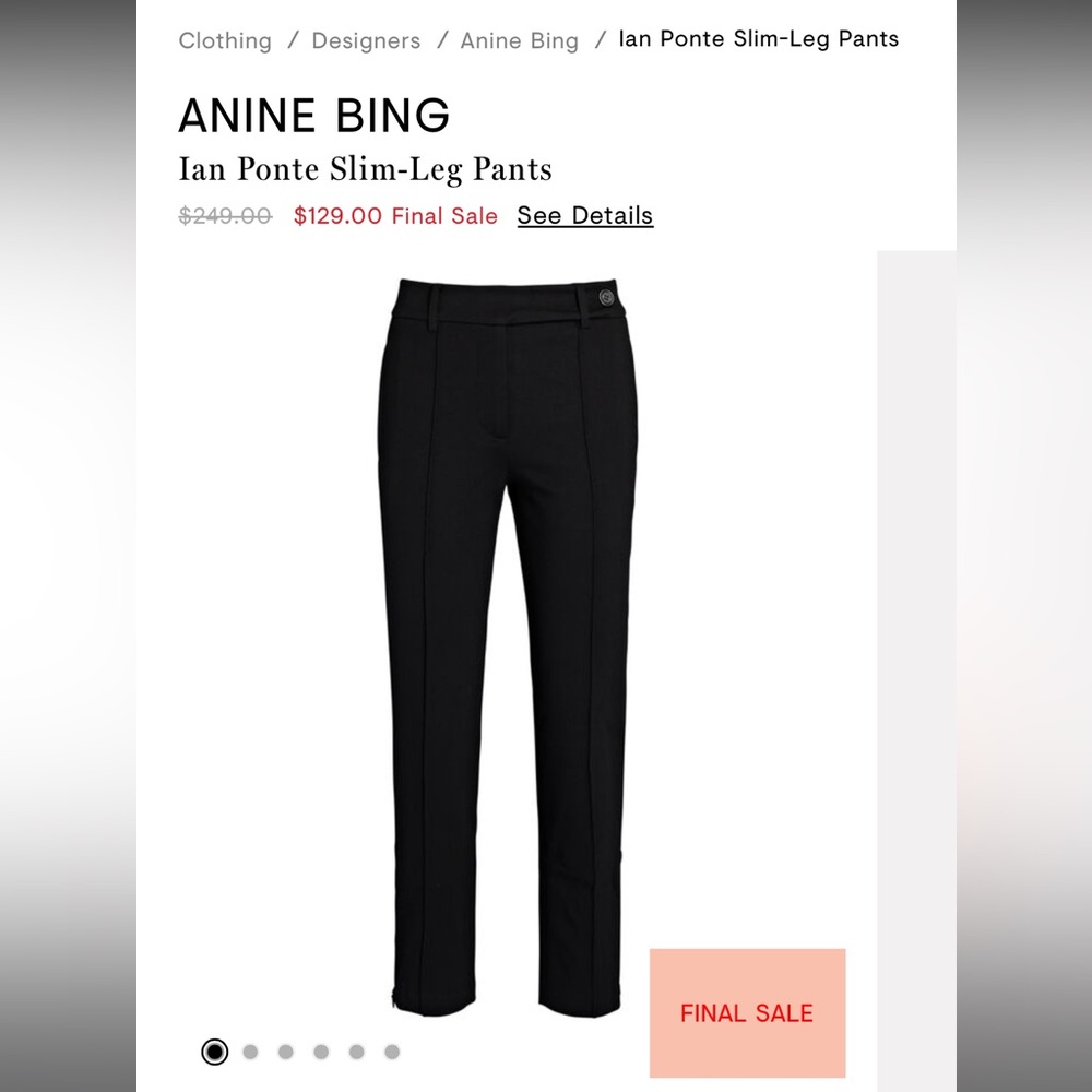 NWT Anine Bing Ian Ponte Slim-Leg Pant in Black | Size 4 - Picture 3 of 8